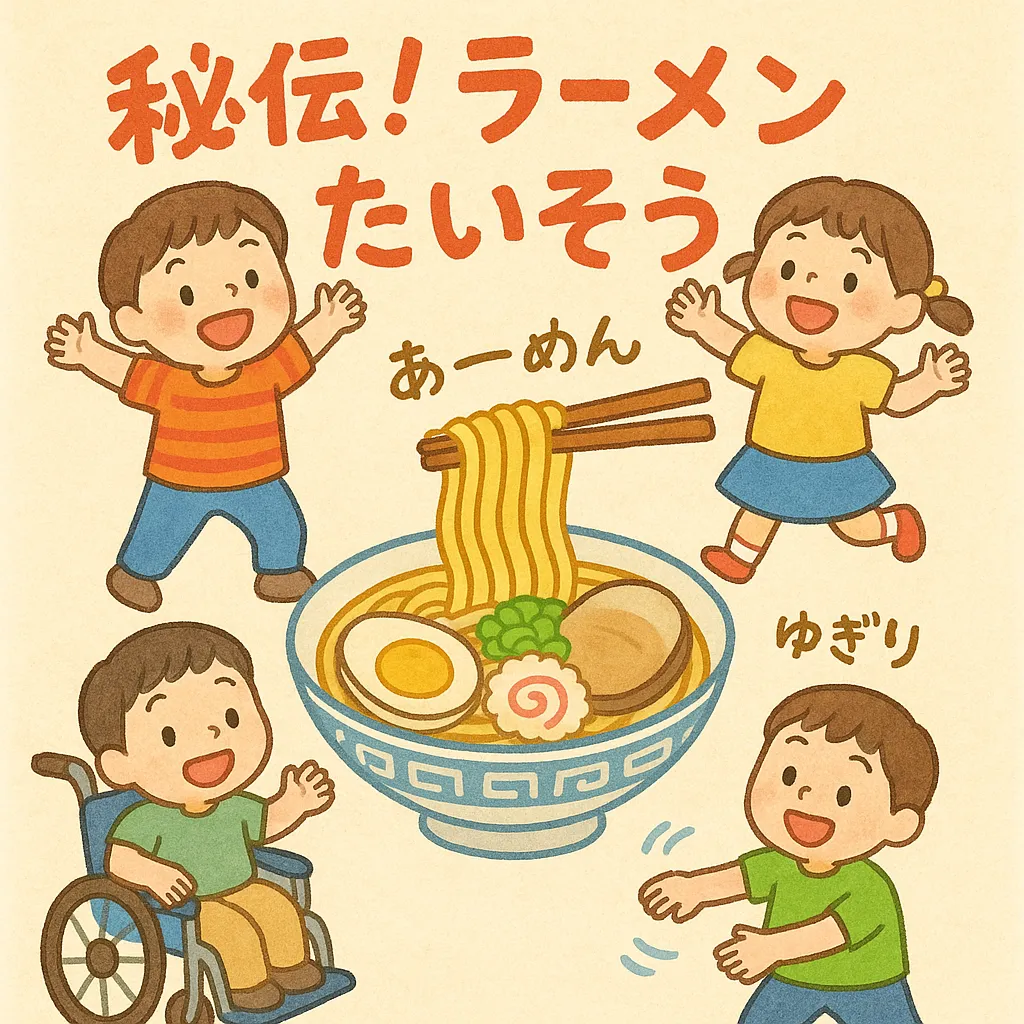 「秘伝！ラーメン体操」で笑顔いっぱい！重症心身障害児の放課後等デイサービスでの体操時間のひとコマ